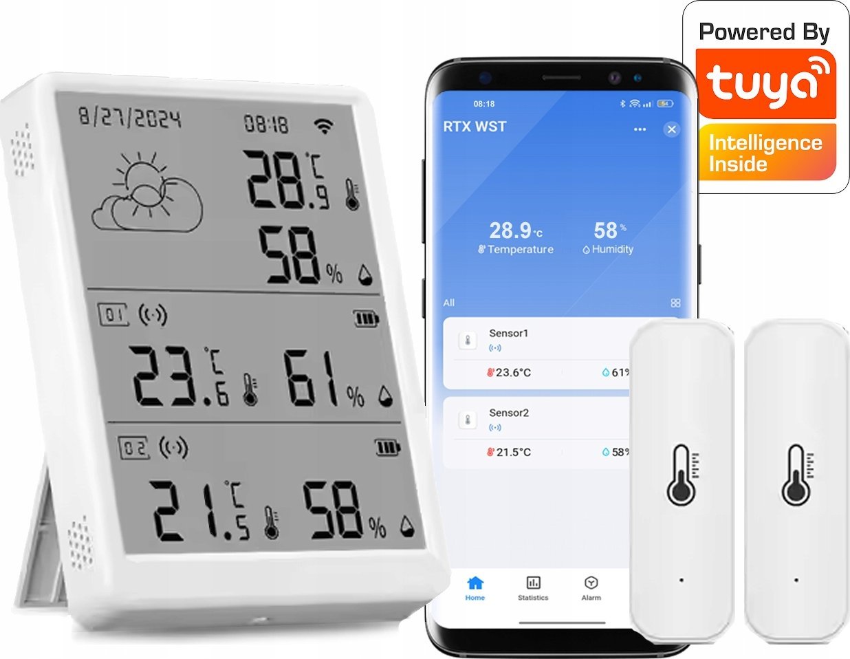 Stacja Pogodowa + 2 zewn. Sensory Temperatury i Wilgotności LCD WiFi Tuya
