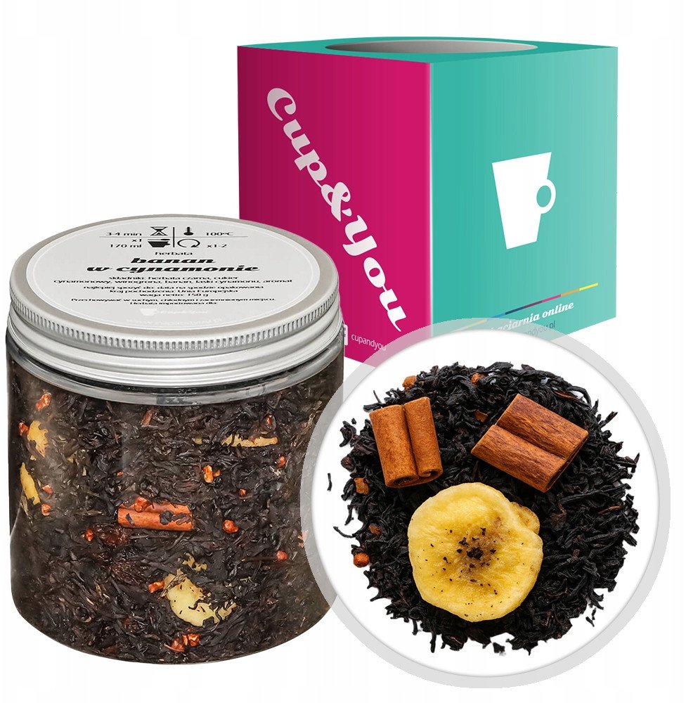 Herbata czarna BANAN W CYNAMONIE winogrona banan laski cynamonu na prezent - sypana liściasta herbata PREMIUM Cup&You