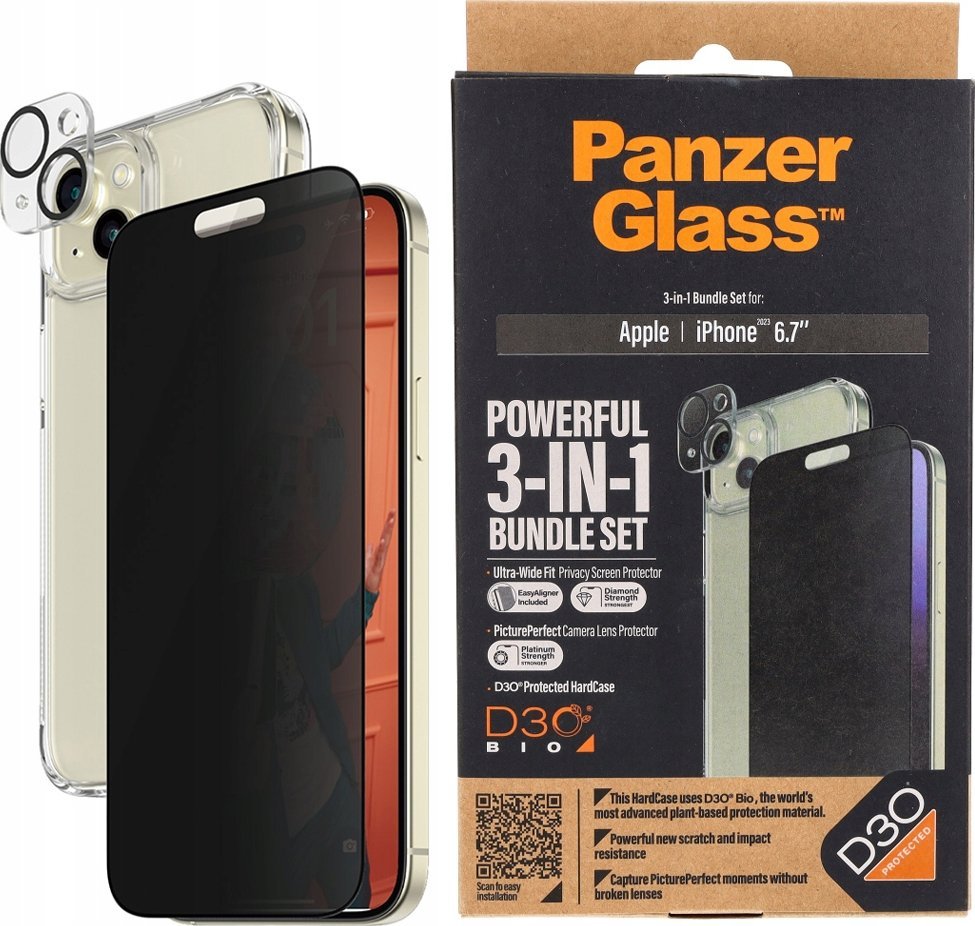 PanzerGlass PanzerGlass Privacy Bundle 3in1 iPhone 15 Plus 6.7" D3O Hardcase + Screen Protector UWF+ Lens 1136+1174+P2811