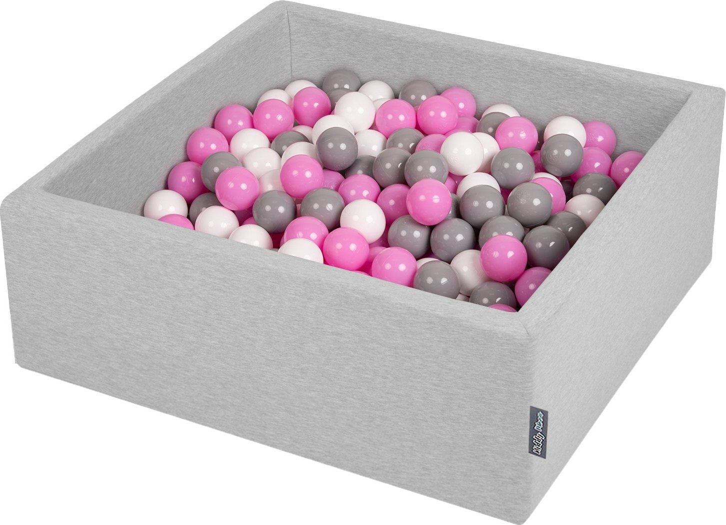 KiddyMoon KiddyMoon Suchy basen kwadratowy z piłeczkami 7cm jasnoszary: szary-biały-róż 90x30cm/200piłek Zabawka basen piankowy