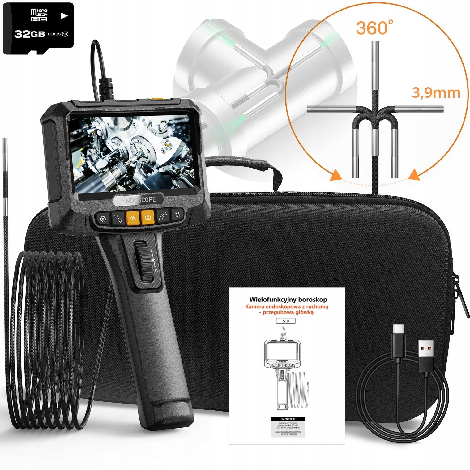 ENDOSKOP INSPEKCYJNY OBROTOWY 360 LED EKRAN 32GB SD IP67 1m KAMERA 3.9mm