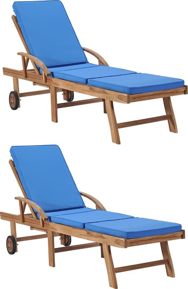 vidaXL leżaki z poduszkami, 2 sztuki, lite drewno tekowe, niebieskie (3054636)