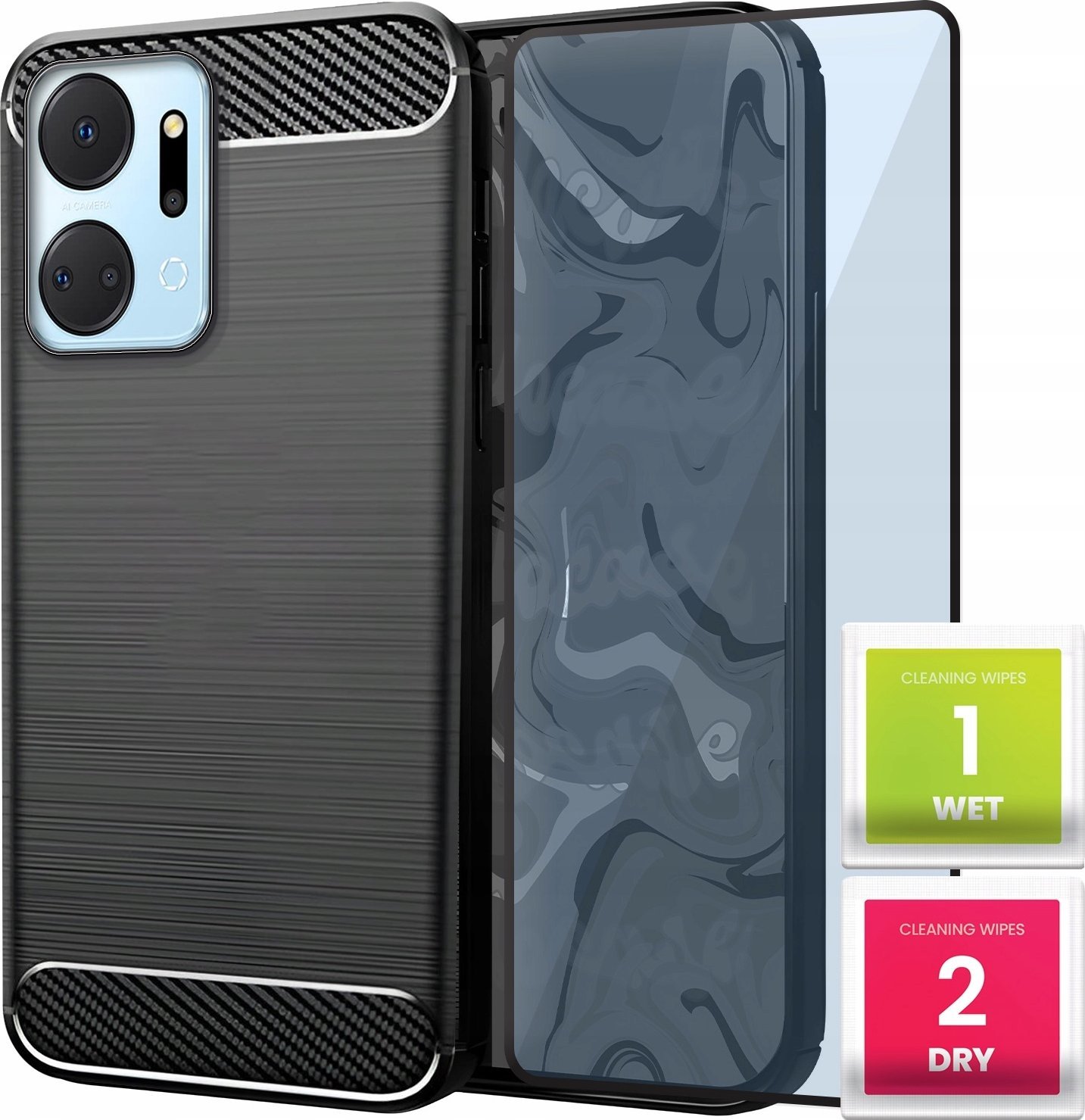 Etui do Honor X7a (Czarne, Karbon, Pancerne, Case, Plecki) Szkło 9H