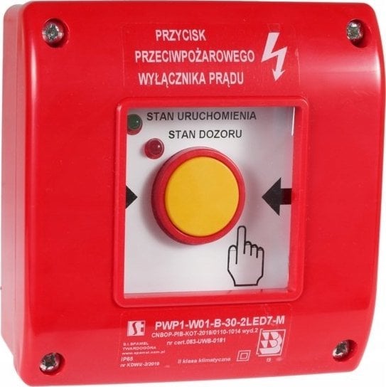 Spamel Ręczny przycisk przeciwpożarowego wyłącznika prądu PWP1 (1NO) z certyfikatem CNBOP - 2LED zielony/czerwony 230V