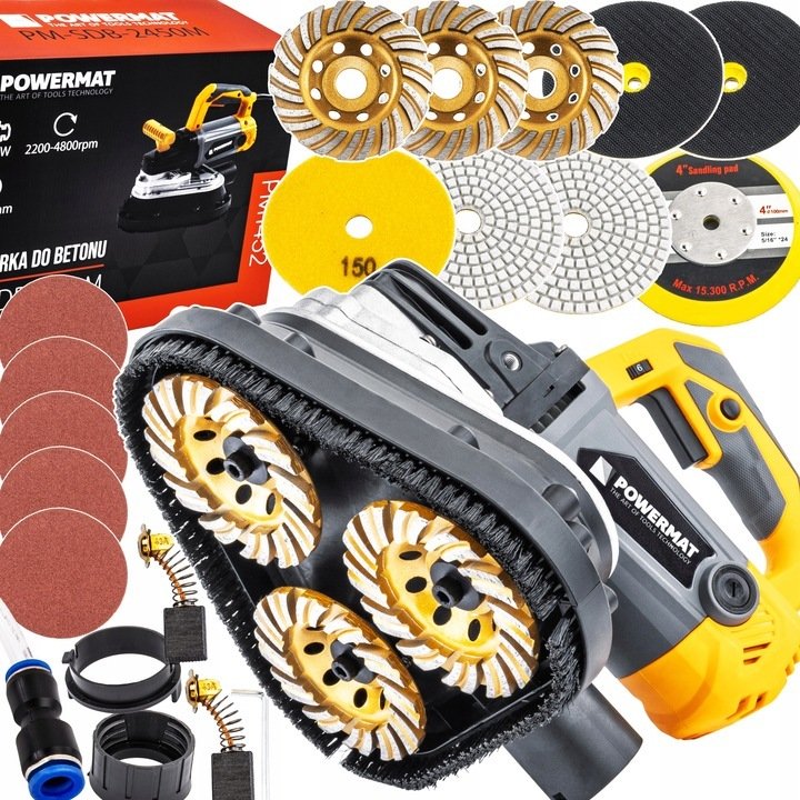SZLIFIERKA POLERKA DO BETONU 2450W Z ODPYLANIEM REGULACJA OBROTÓW + TARCZE