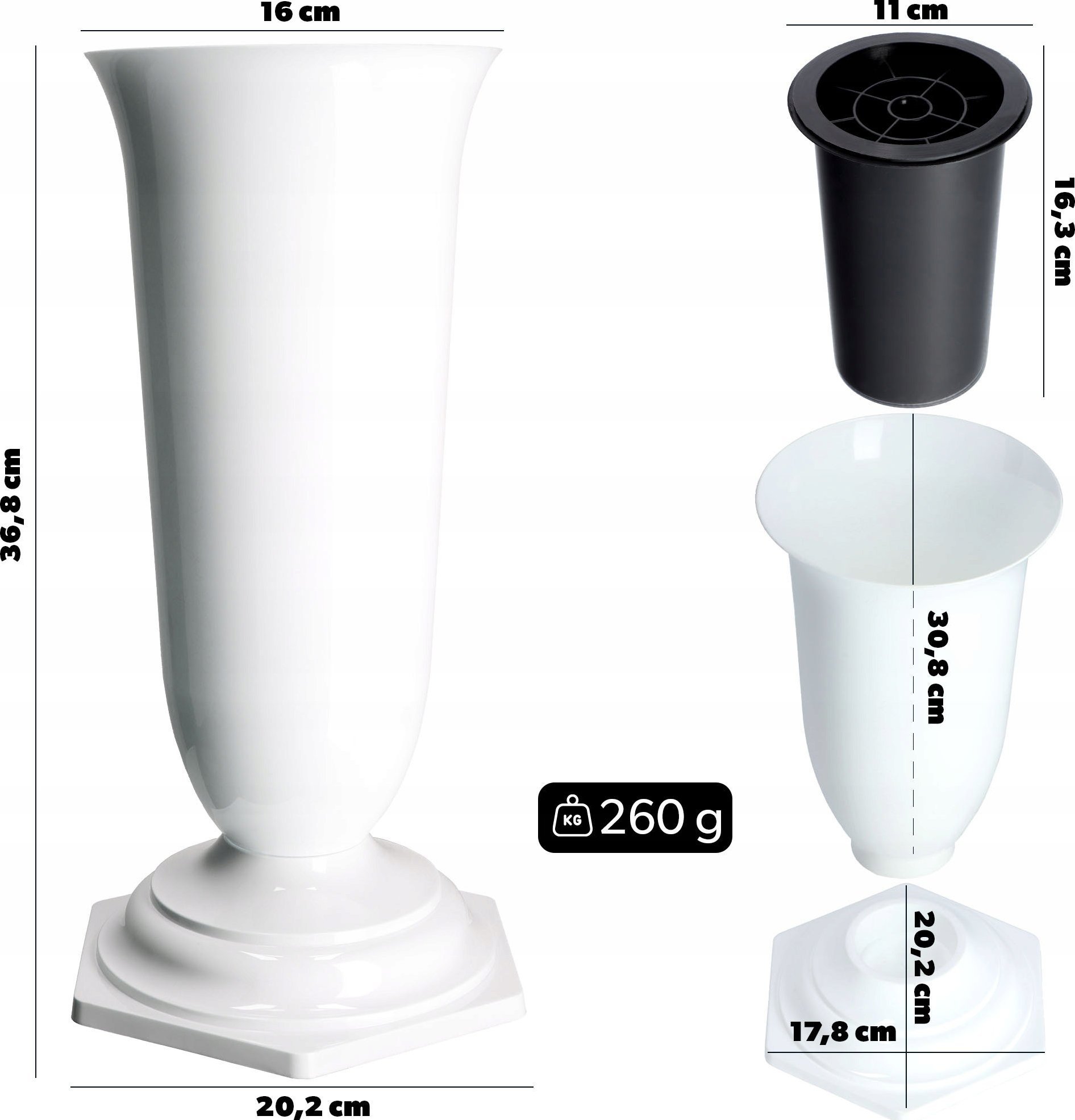 Kadax Wazon Flakon Na cmentarz Grób Nagrobek Biały 37cm