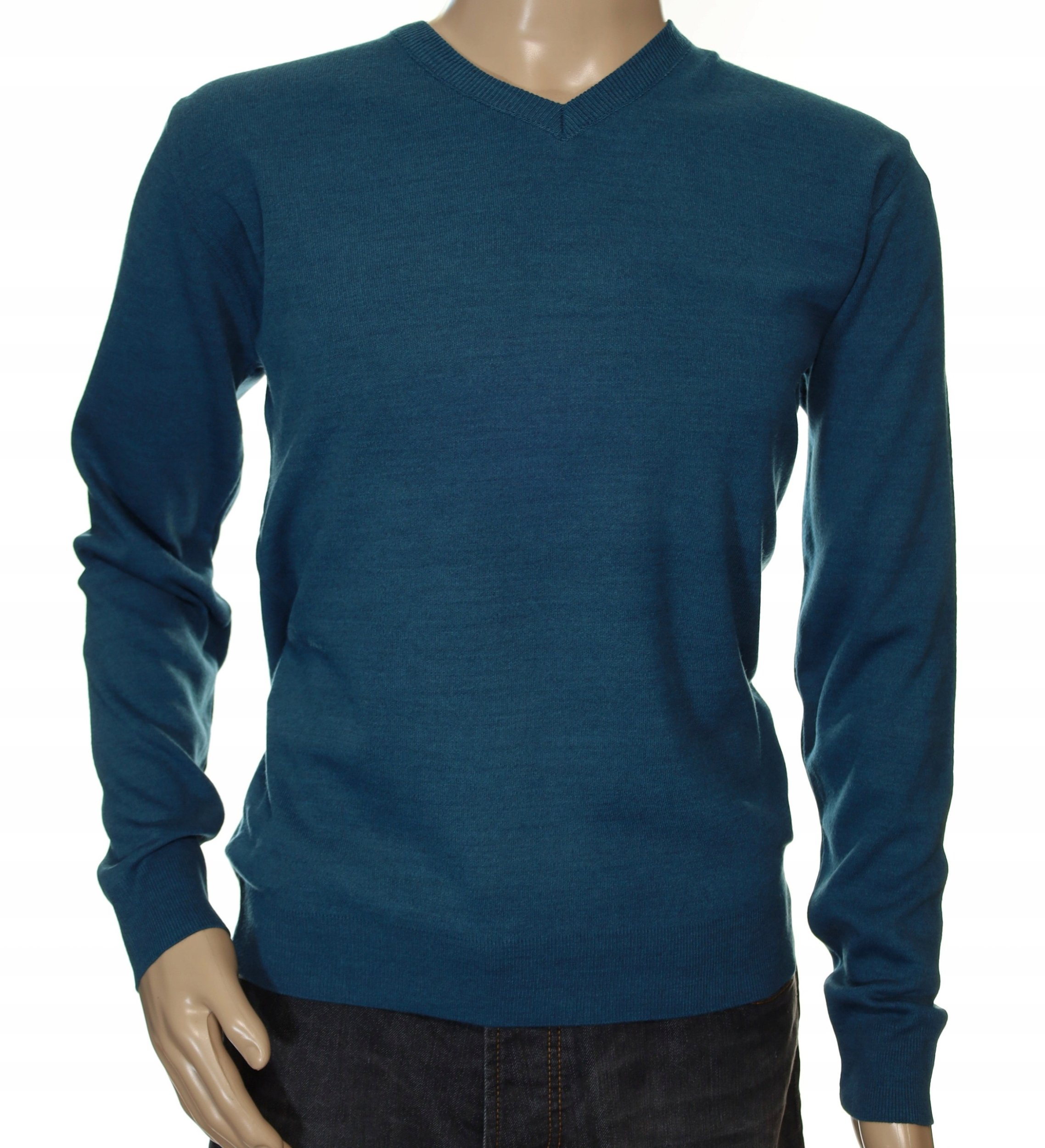 Sweter męski gładki wełniany w szpic serek z wełny niegryzący XXL 2XL morski petrol 1703