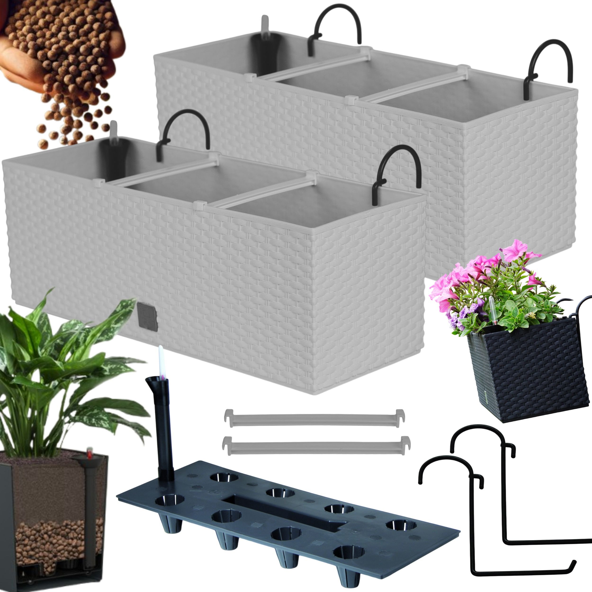 2x Doniczka balkonowa 51cm + uchwyty / haki, nawadniacz Skrzynka na balkon + keramzyt 5l