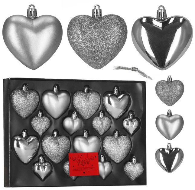 Springos Bombki choinkowe 16 szt. zestaw dekoracji świątecznych nienaruszalne serca srebrne UNIWERSALNY