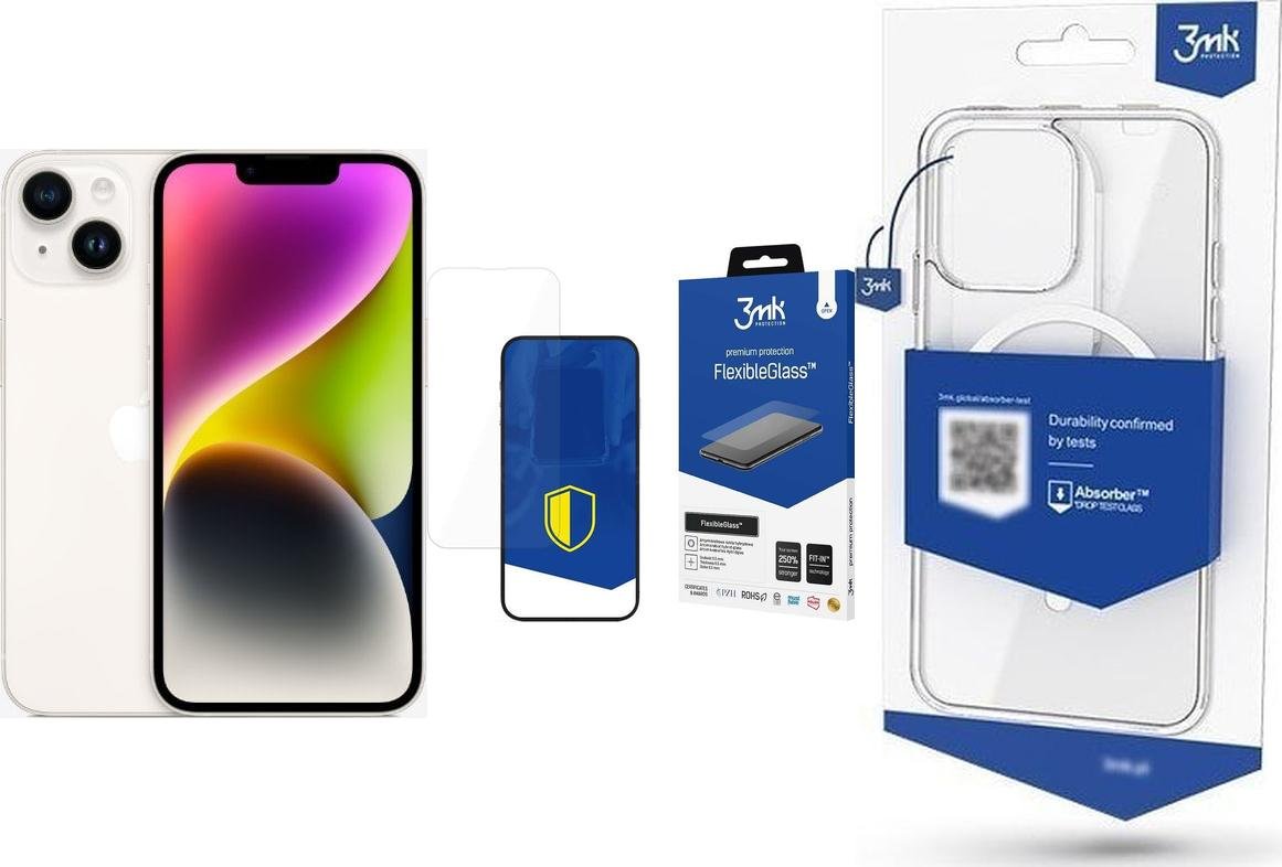 Smartfon Apple iPhone 14 128GB Starlight (MPUR3) + FlexibleGlass + Etui MagCase