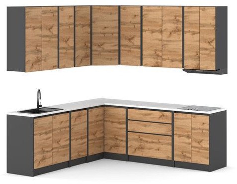 Meble Kuchenne Szare Z Drewnem Narożne Modułowy Zestaw Bella Dąb Wotan