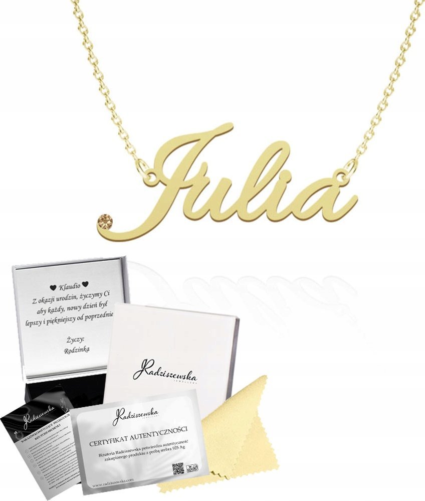 Radziszewska Jewellery Złoty Naszyjnik z Imieniem Julia Łańcuszek SREBRO 925 DEDYKACJA GRATIS
