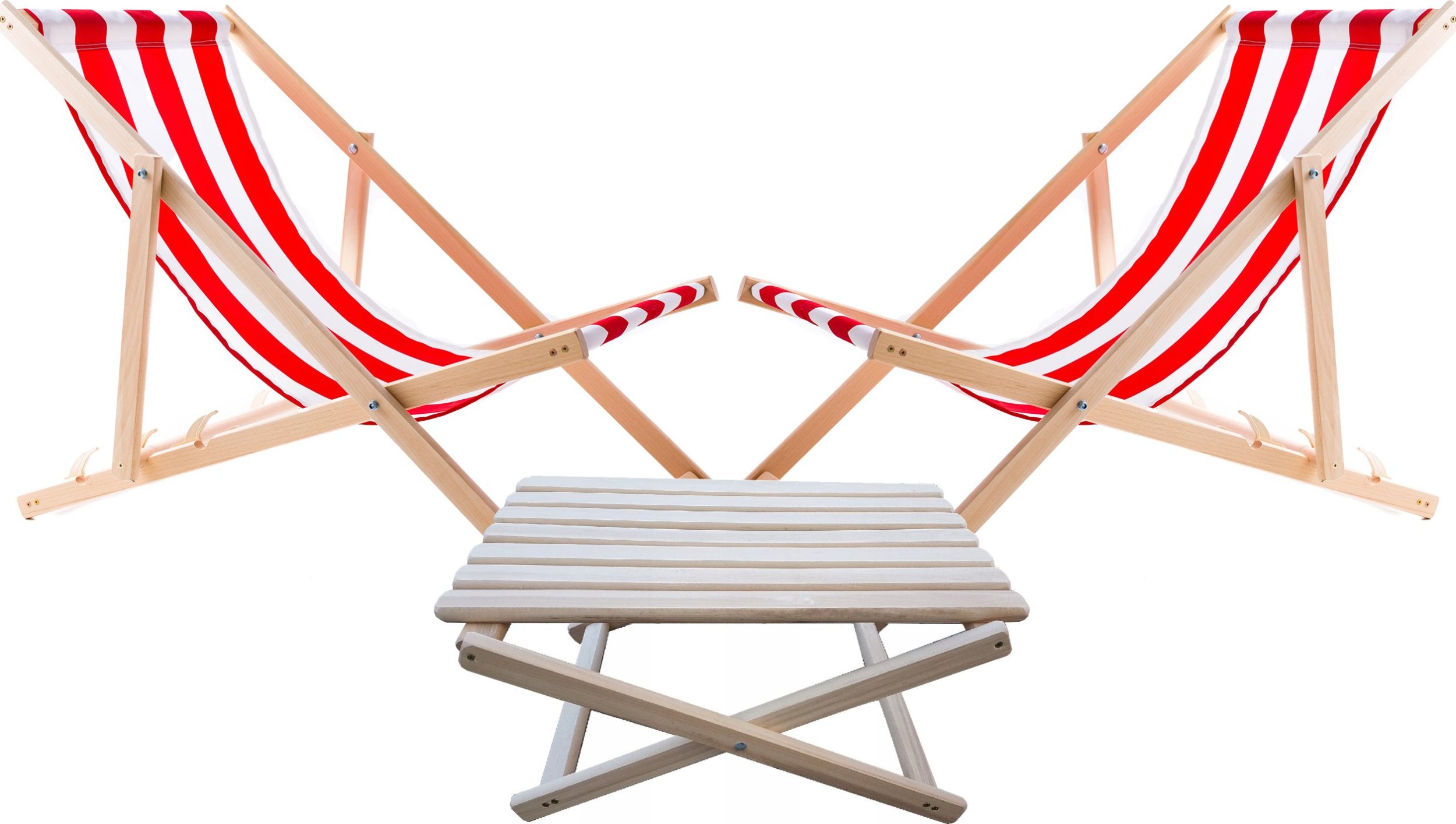 2X LEŻAK PLAŻOWY OGRODOWY DREWNIANY WOODOK w czerwone pasy + STOLIK KAWOWY SKŁADANY
