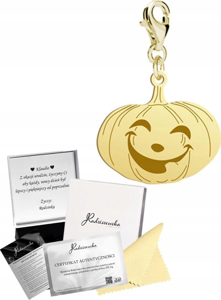 Radziszewska Jewellery Charms Złoty Dynia Halloween 925 Prezent Zawieszka Biżuteria ŻYCZENIA