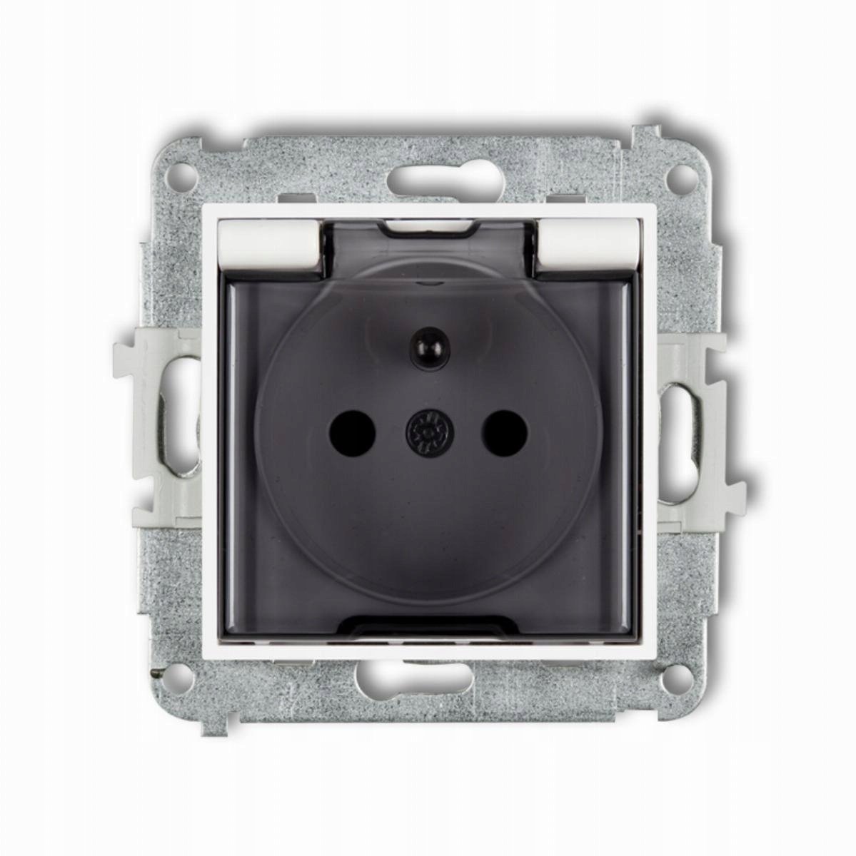 Karlik Mechanizm gniazdo odporne na zachlapania z uziemieniem, klapka dymna, przesłony torów prądowych, matowy biały 25IGPB-1zdp