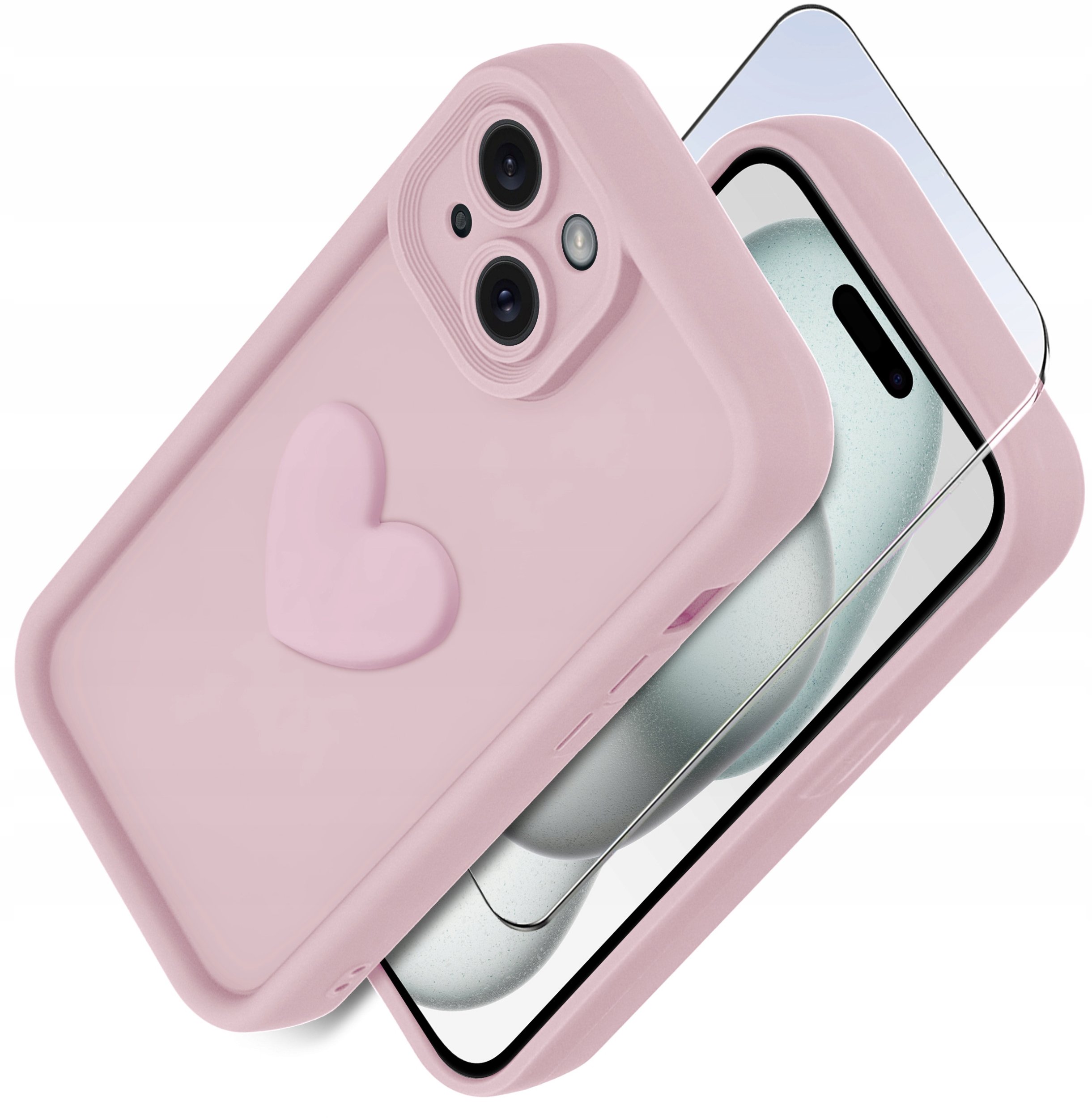 Etui do iPhone 15 silikonowe MATOWE serce + Szkło ochronne na ekran 9H