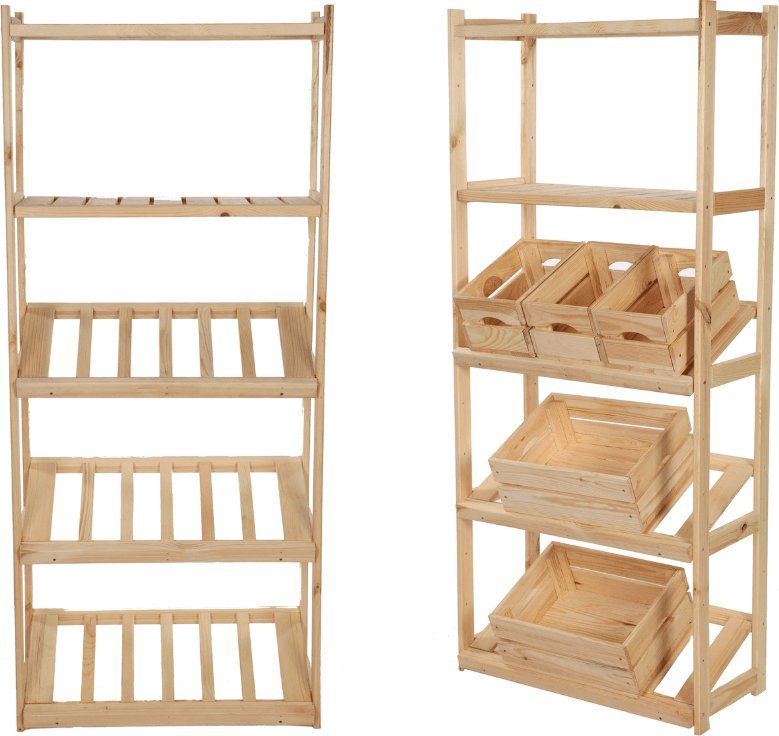 Wamar-Sosenka Regał drewniany do spiżarni LSR P2W0S3 Naturalny Półki proste 2 szt, Półki na skrzynki 3 szt Drewno sosnowe