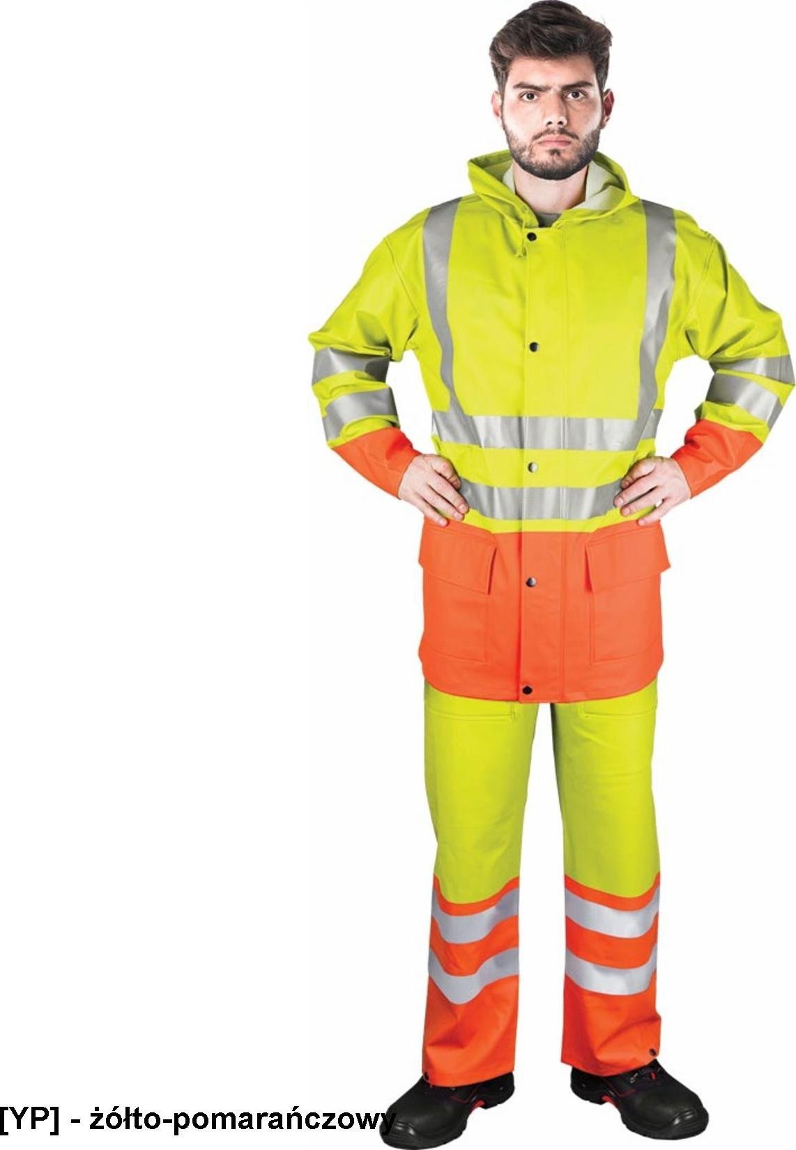 R.E.I.S. KPLPUFLUO - komplet przeciwdeszczowy bluza + ogrodniczki, kaptur, wysoka wytrzymałość - ŻÓŁTO-POMARAŃCZOWY 2XL