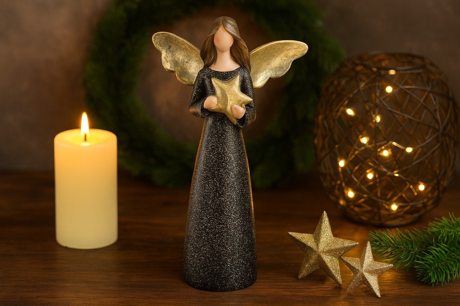 Ewax Figurka Anioł czarny-złoty 24cm z gwiazdą 4481