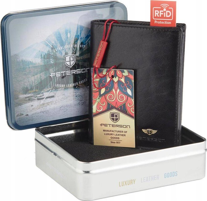 Peterson Duży portfel męski czarny ze skóry naturalnej, bez zapięcia - Peterson