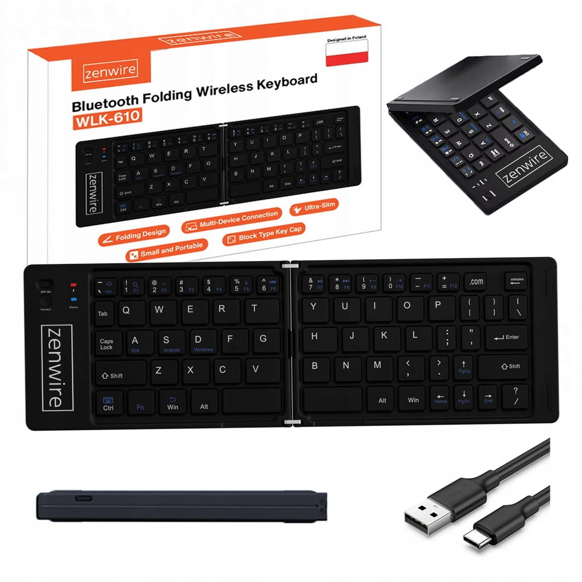 Składana Mini Klawiatura Bezprzewodowa Bluetooth do Tabletu Telefonu USB-C