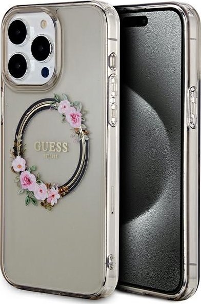 Guess Guess GUHMP15XHFWFCK iPhone 15 Pro Max 6.7" czarny/black hardcase IML Flowers Wreatch MagSafe