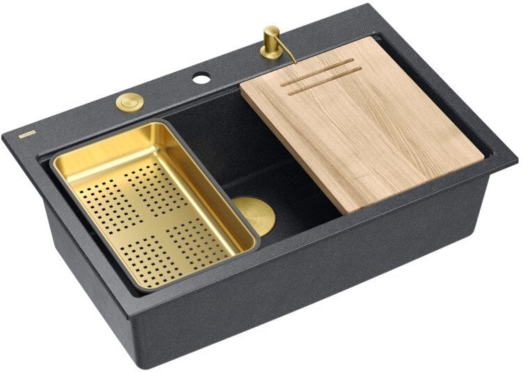 MARC 110 WORKSTATION GraniteQ zlewozmywak 1-komorowy 760*500*235 mm black diamond + syfon push to open + dozownik + deska + wkładka / elementy złote +
