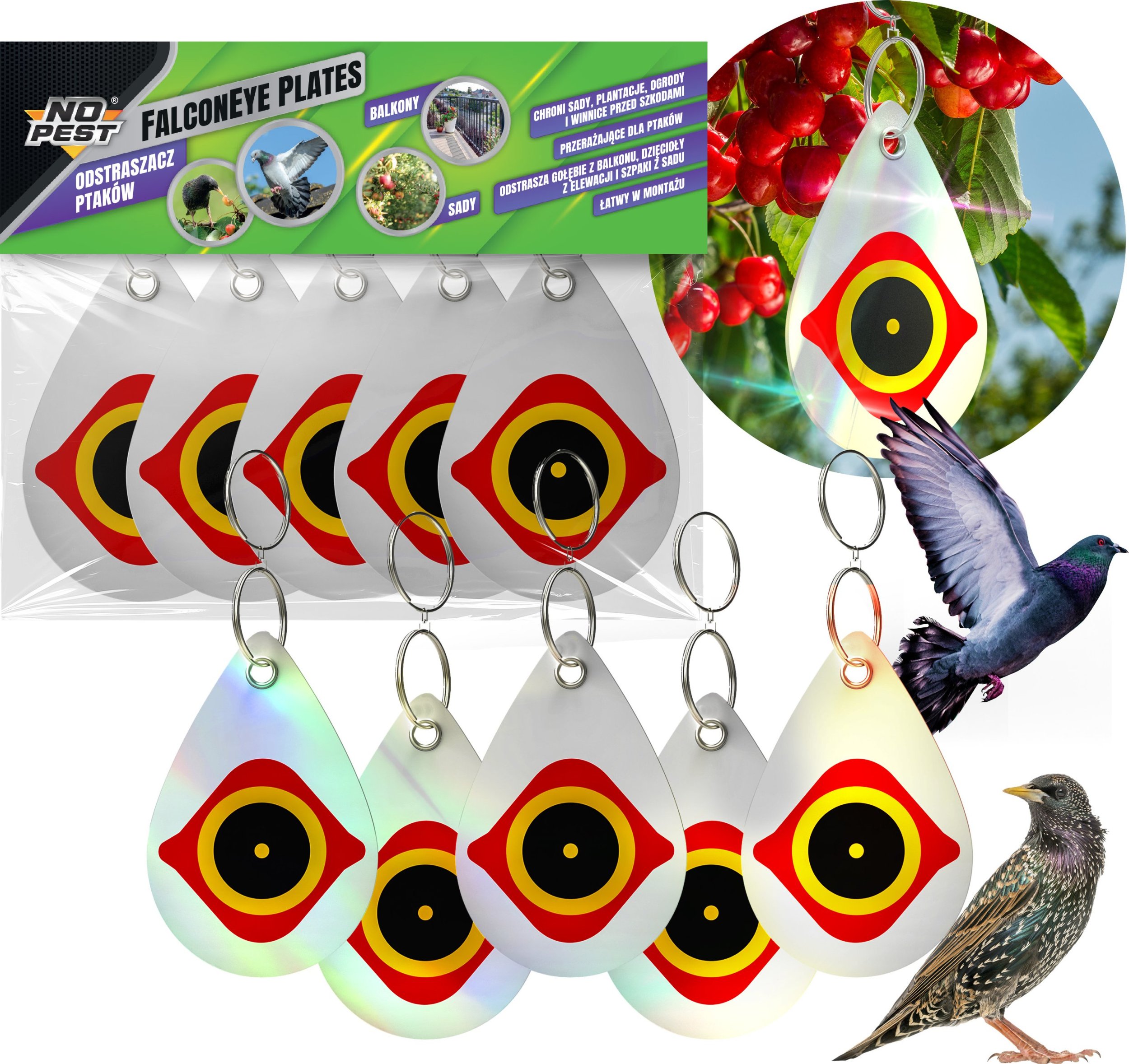 Odstraszacz Ptaków Szpaków Kosów Gołębi Dzięciołów Odblaskowe Zawieszki "FalconEye Plates" (5 szt)