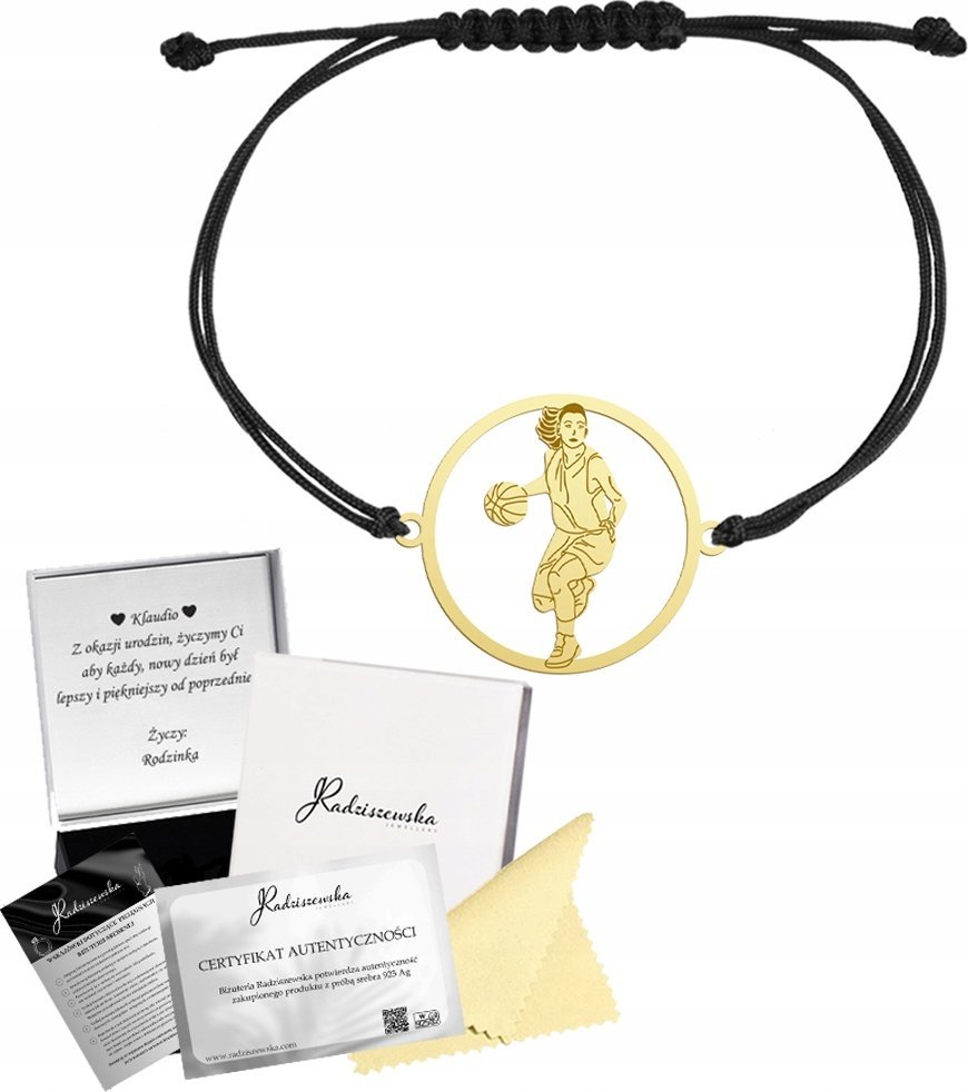 MEJK Jewellery Bransoletka Złota Koszykówka Koszykarka SREBRO 925 Sznurek Prezent GRAWER