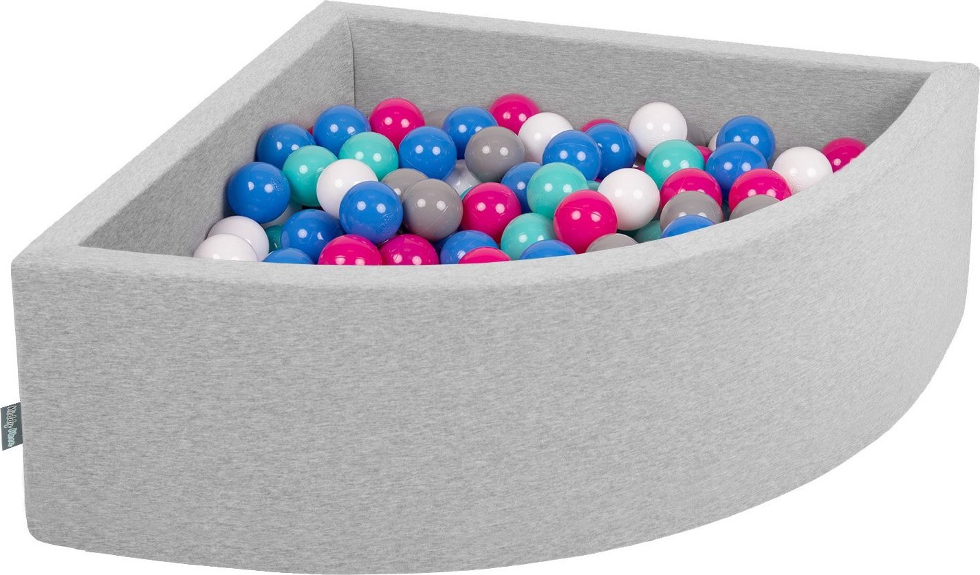 KiddyMoon Suchy basen trójkątny z piłeczkami 7cm jasnoszary: biały-szary-niebieski-ciemny róż-jasny turkus 90x30cm/300piłek Zabawka basen piankowy