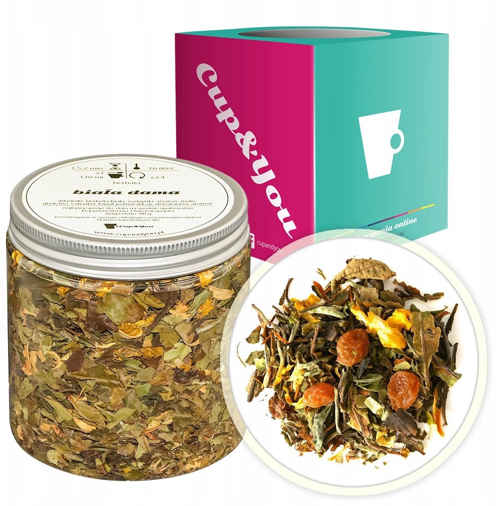 Herbata biała BIAŁA DAMA ananas kwiat pomarańczy dziewanna rodzynki 80g - sypana liściasta herbata PREMIUM Cup&You