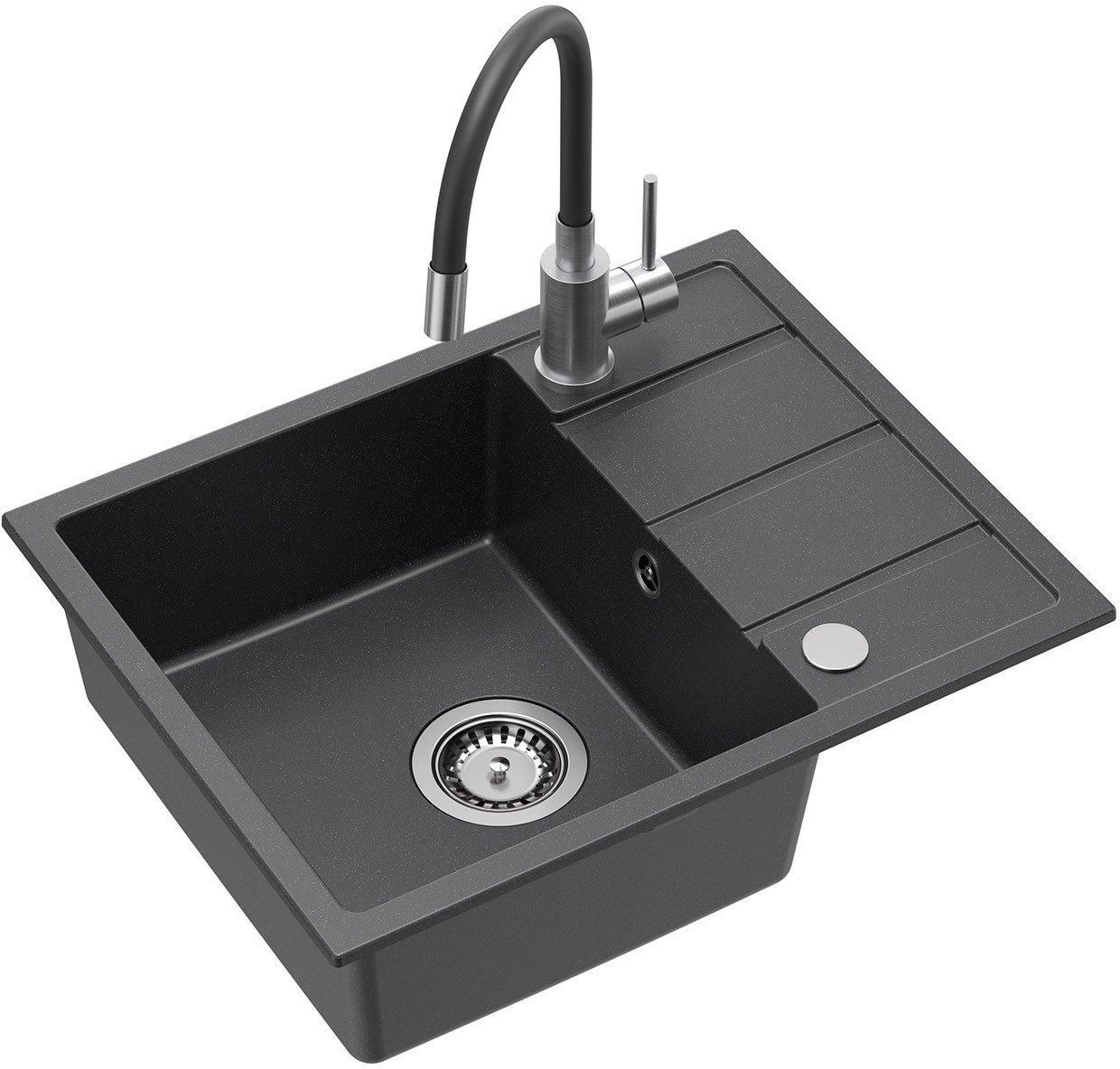 MIKE 116 zlewozmywak granitowy czarny 1-komorowy z/o (56x44x17,5) + bateria z elastyczną wylewką + syfon + zaślepka+ wkładka czarna rozsuwana