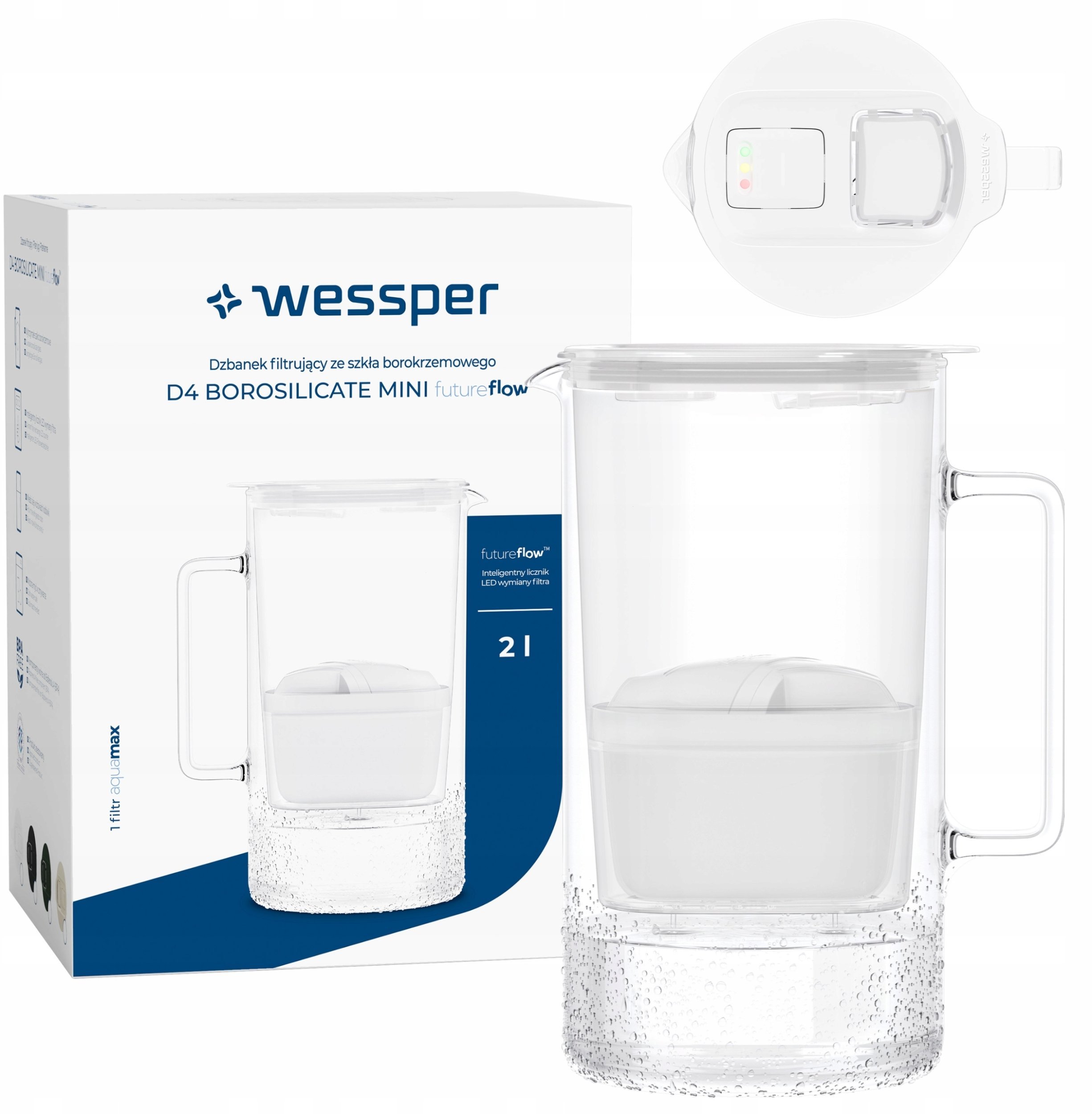Dzbanek Wessper D4 BOROSILICATE MINI futureflow™ Aquamax (WES208-FF-WH)