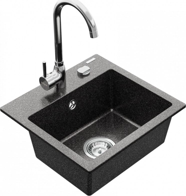 Zlewozmywak Mexen Milo granitowy 1-komorowy z baterią kuchenną Telma, czarny nakrapiany - 6505-76-670200-00