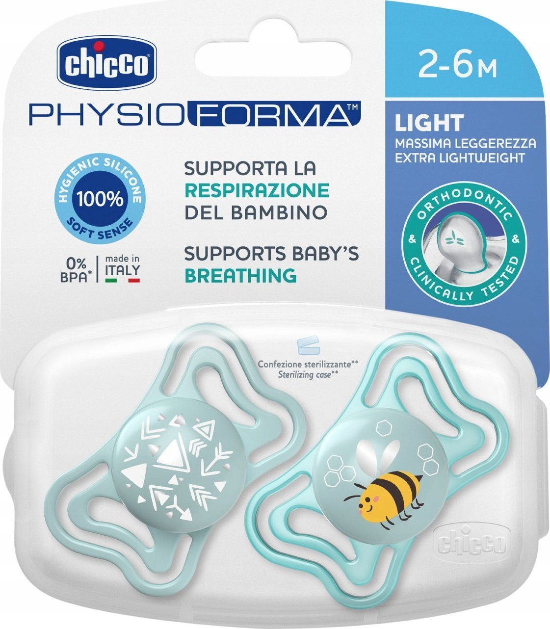 Chicco Smoczek uspokajający silikonowy PhysioForma LIGHT niebieski 2-6M CHICCO /2szt.