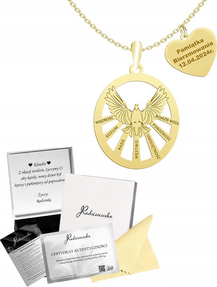 Radziszewska Jewellery Złoty Łańcuszek z Duchem Świętym Serce na Bierzmowanie 925 Prezent GRAWER