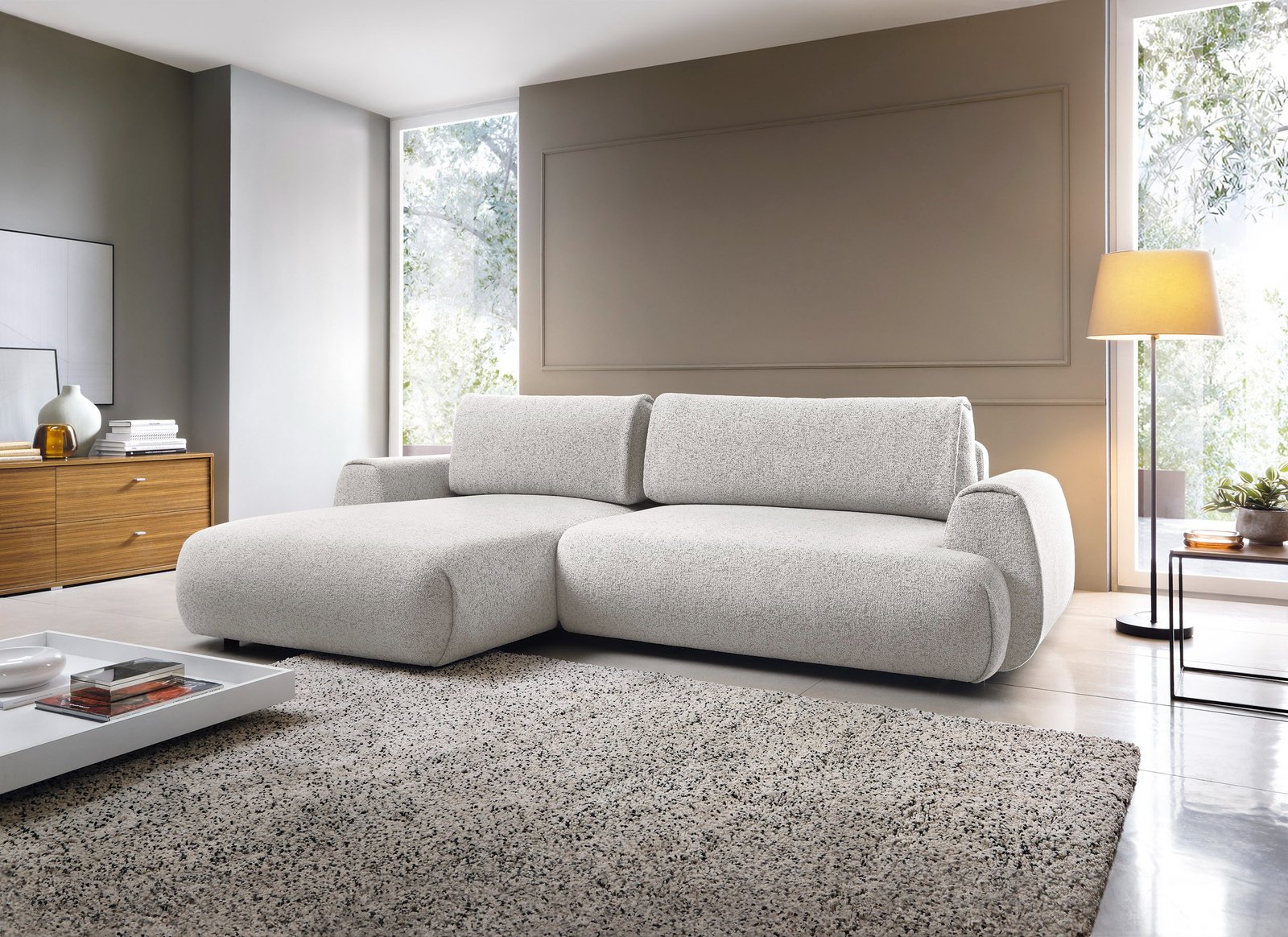 Narożnik VERNIO lewostronny plecionka Puente 80 jasny szary popiel funkcja spania