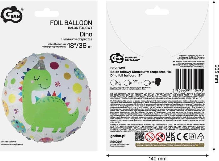 Balon foliowy Dinozaur w czapeczce 36cm