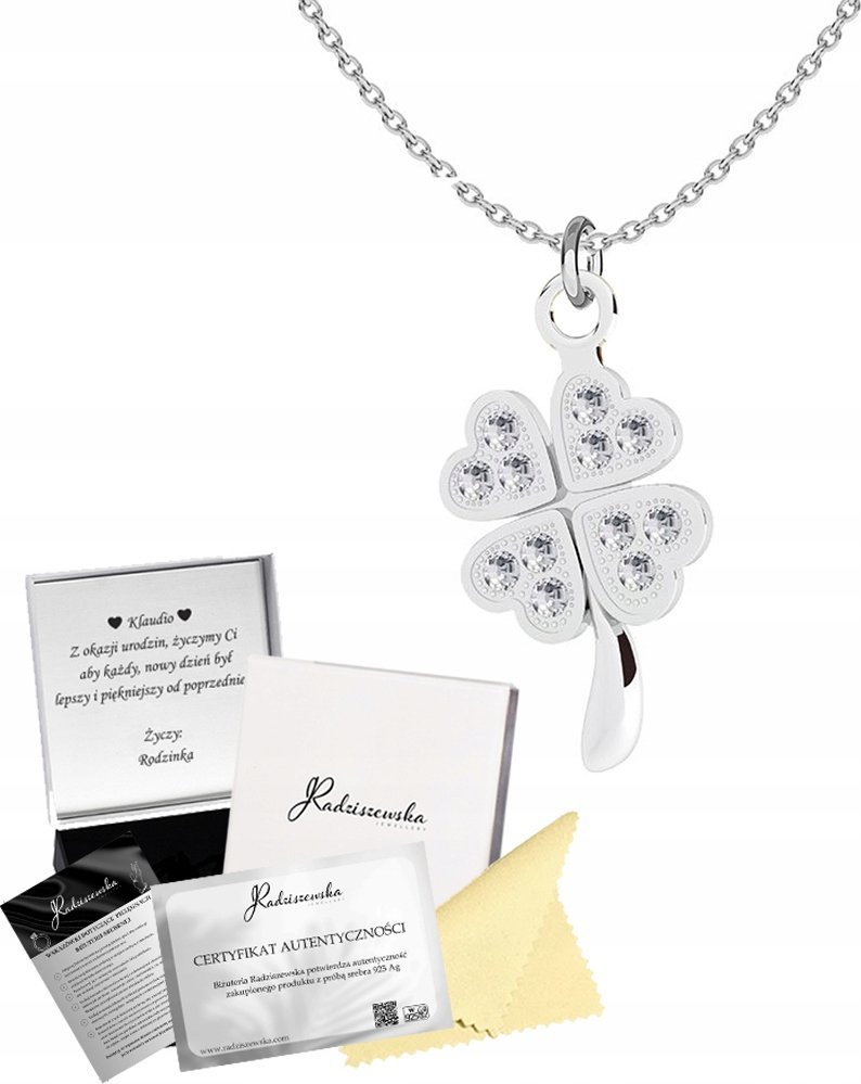 Radziszewska Jewellery Naszyjnik Srebrny z Koniczynką na Szczęście Łańcuszek Prezent Kryształy