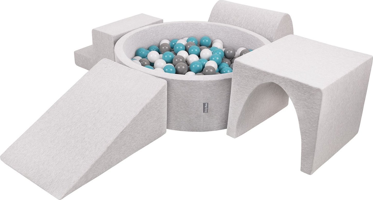 KiddyMoon KiddyMoon Piankowy plac zabaw PPZP-OK30D-125 z piłeczkami jasnoszary: szary-biały-turkus basen 300/klin L/górka/tunel/schodek Zabawka plac z