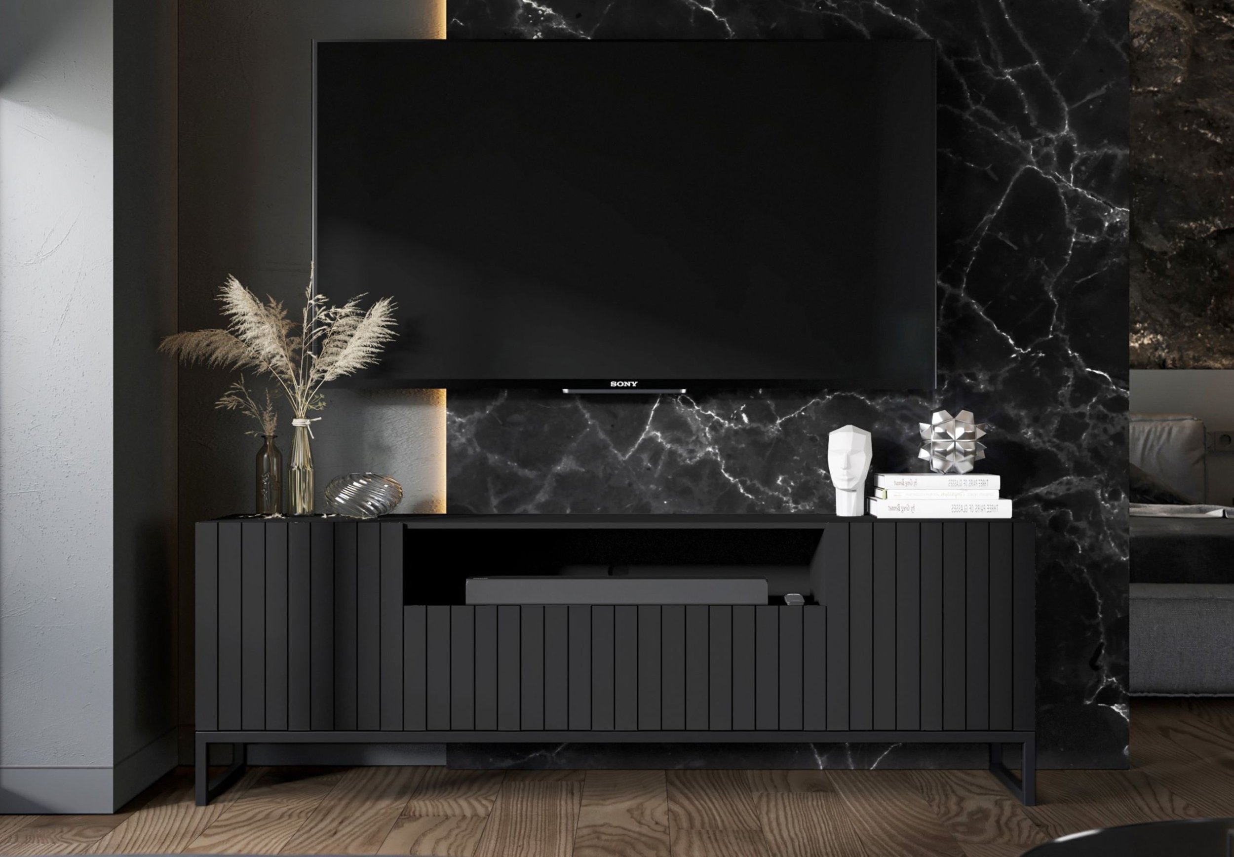 Meble Lindner Komoda RTV Loft Szafka RTV Czarny MAT Nowoczesna Czarna Metalowa Rama 150 cm Glamour