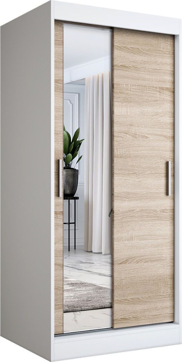 MKPOL Szafa przesuwna MODUO COMFORT 90 biała mat/dąb sonoma z lustrem po lewej