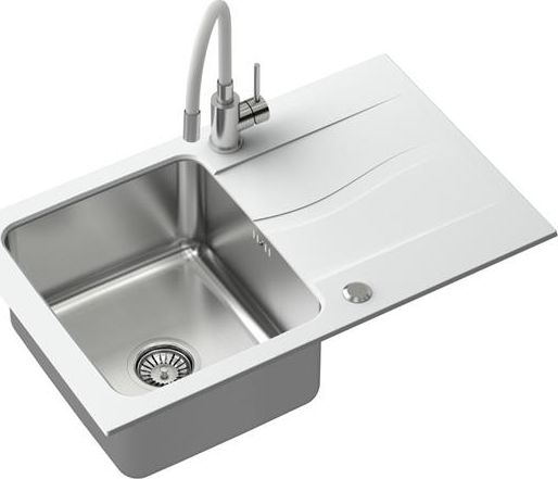 Zlewozmywak Steiner MICHAEL 111 Fusion biały 780*480 z syfonem manualnym w zestawie z baterią Maggie