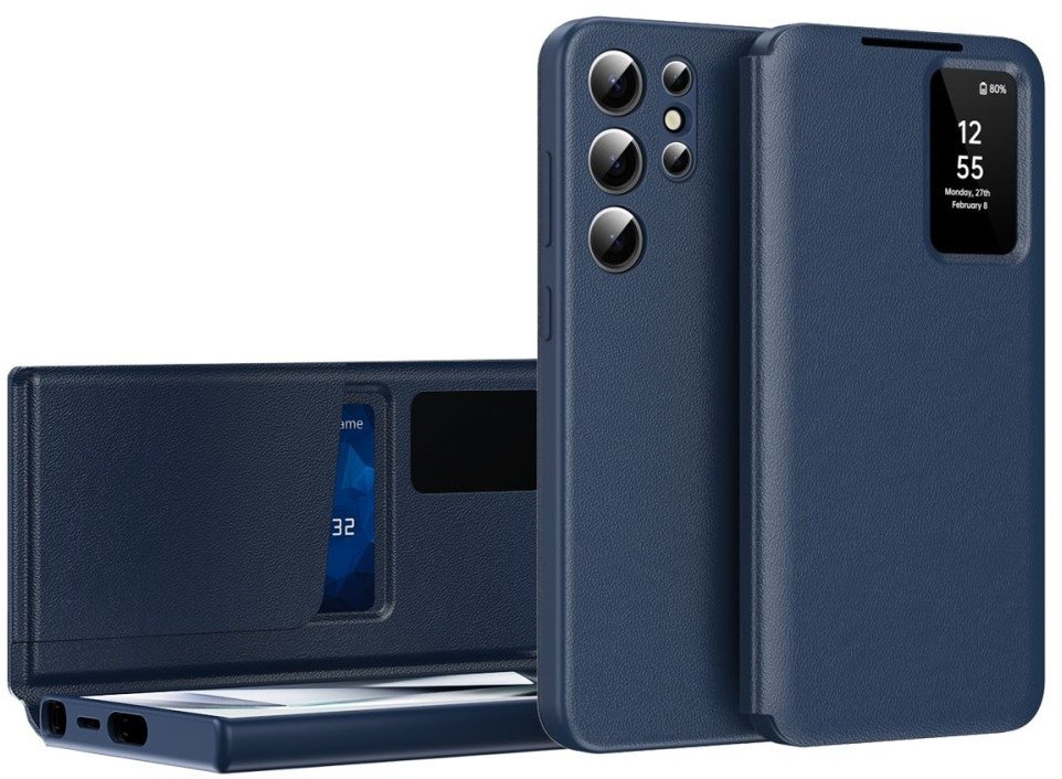Etui z klapką Smart View skórzane do Galaxy S25 Ultra, granatowe