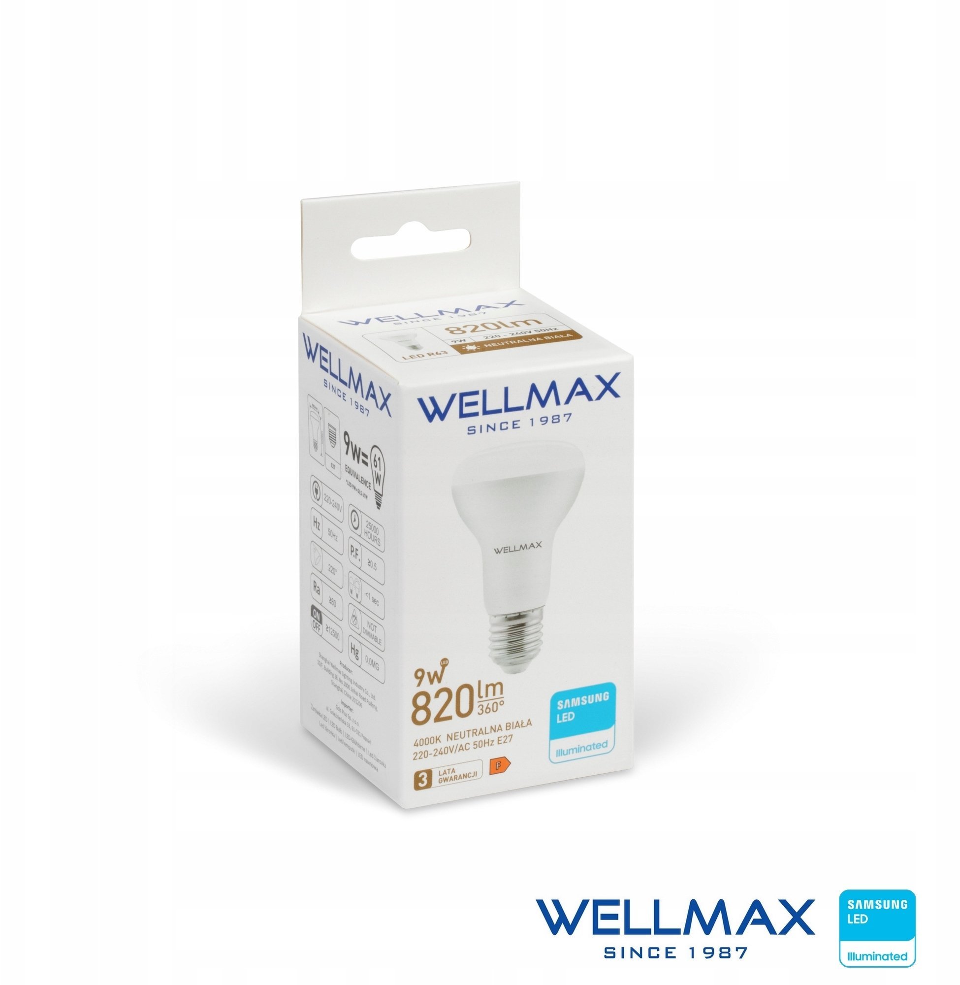 Wellmax Żarówka LED R63 E27 9W 91lm/W 820lm Neutralny 4000K SAMSUNG / GOL1R63N09