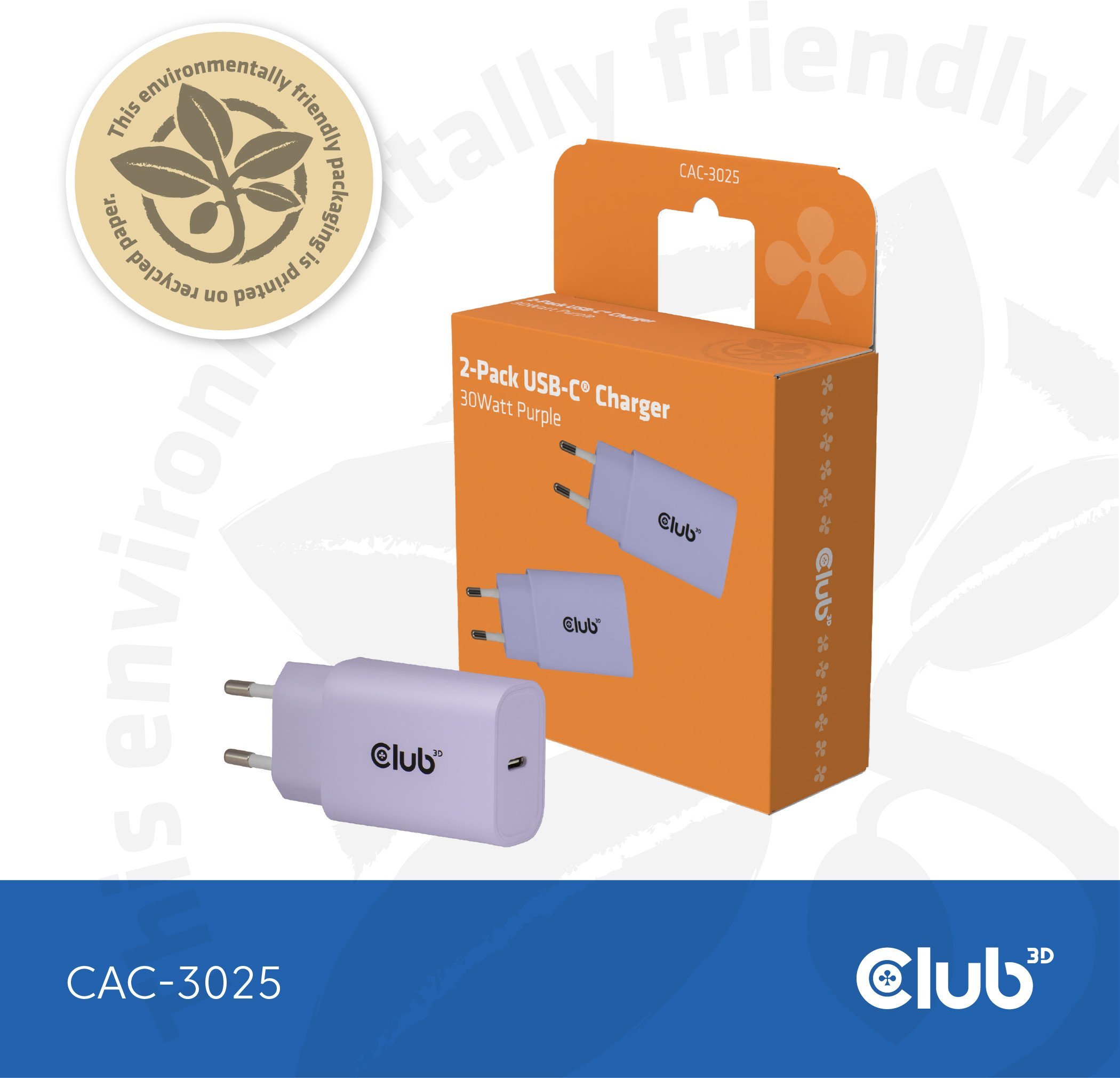 Club3D Lifestyle Ladegerät USB-C 30Watt, 2Stk lila retail