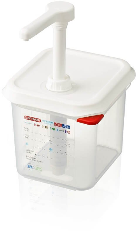 Dyspenser do sosów z pompką, pojemnik GN 1/6, porcja 10 ml | ARAVEN, 3786