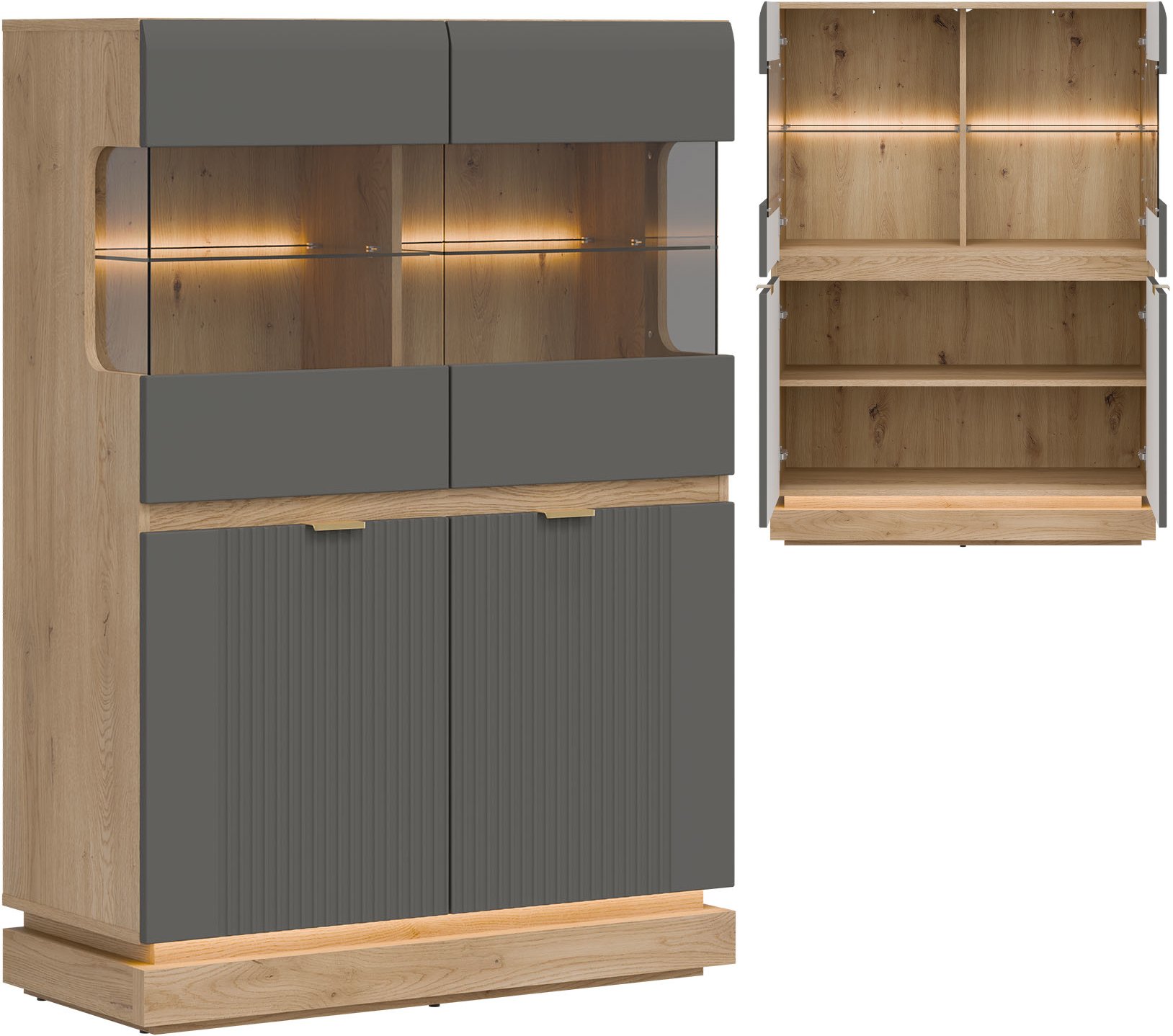 Witryna niska Oszklona szafka do jadalni Dąb Cremona Szary MILTON ML04