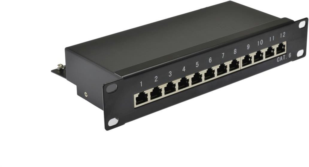 Patch panel RACK 10 cali kat.6 12p FTP z półką 1U czarny NEKU