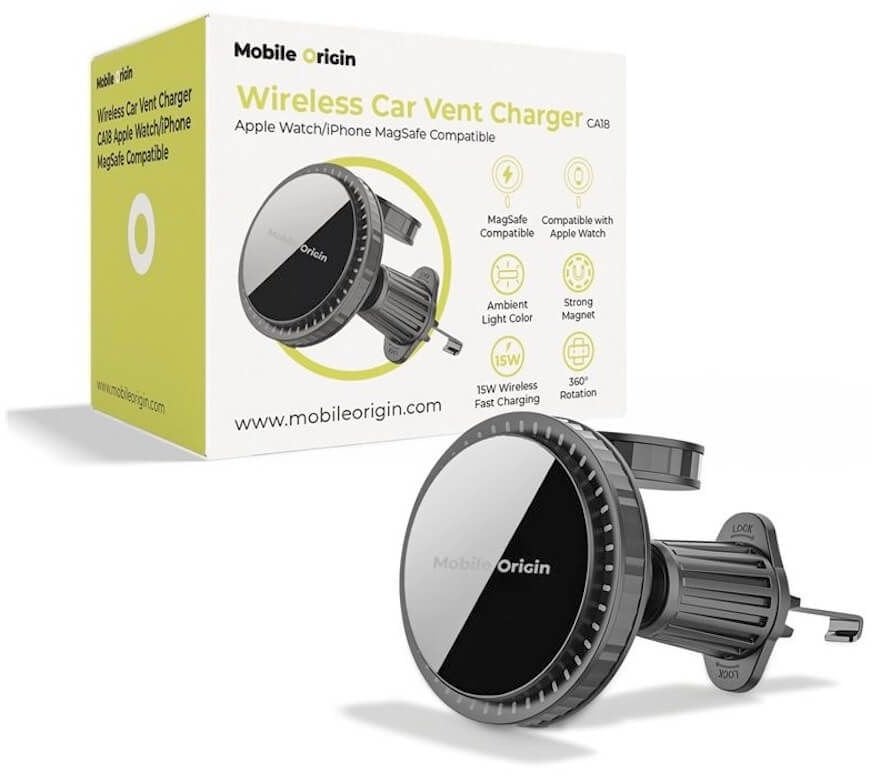 Mobile Origin Wireless Car Vent Charger CA18, Apple Watch/iPhone MagSafe Compatible